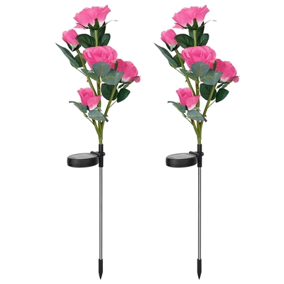 2Pcs Solar Powered Lights Outdoor Rose Flower LED Decorative Lamp Water Resistant Pathway Stake Lights For Garden Patio Yard Walkway-Pink