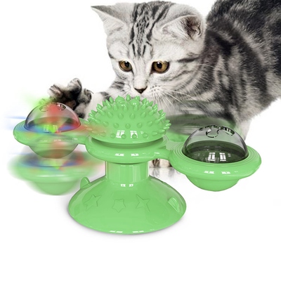 Windmill cat toy turntable interactive teasing pet toy wall mount turning tickle scratch hair brush??cat toy with catnip light ball-green