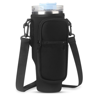 Water bottle carrier bag neoprene water cup pouch water bottle holder with adjustable strap phone pocket for walking travel camping-black