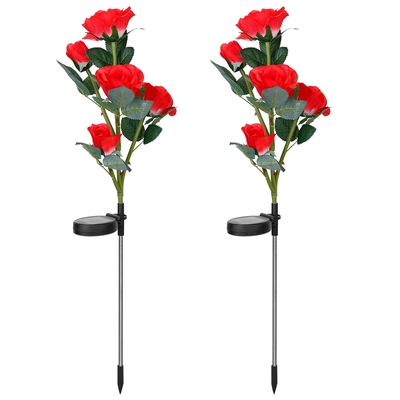 2pcs solar powered lights outdoor rose flower led decorative lamp water resistant pathway stake lights for garden patio yard walkway-red