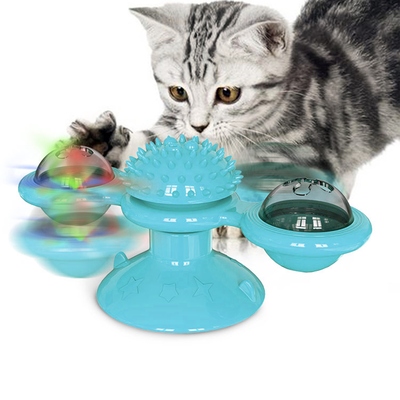Windmill cat toy turntable interactive teasing pet toy wall mount turning tickle scratch hair brush??cat toy with catnip light ball-blue