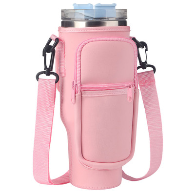 Water bottle carrier bag neoprene water cup pouch water bottle holder with adjustable strap phone pocket for walking travel camping-pink