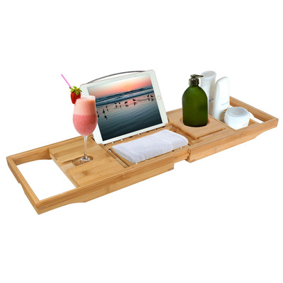 Bathtub caddy tray crafted bamboo bath tray table extendable reading rack tablet phone holder wine glass holder shelf desk bathroom spa
