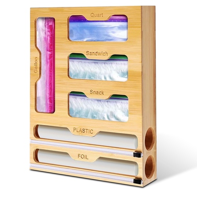 6 in 1 plastic wrap and foil organizer for gallon quart sandwich snack ziplock bag bamboo dispenser with cutter kitchen drawer storage