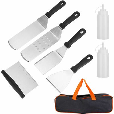 7-piece bbq griddle utensil set - stainless steel accessories kit for outdoor grilling. perfect for parties, camping, and tailgating.