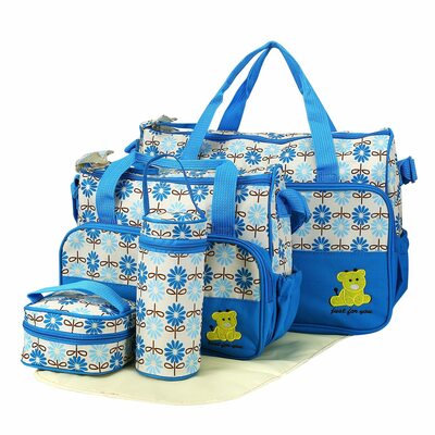 5PCS Baby Nappy Diaper Bags Set Mummy Diaper Shoulder Bags w/ Nappy Changing Pad Insulated Pockets Travel Tote Bags For Mom Dad-Blue
