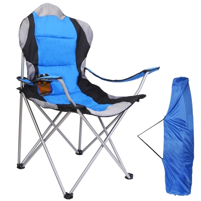 Foldable camping chair heavy duty steel lawn chair padded seat arm back beach chair 330lbs max load with cup holder carry bag-blue