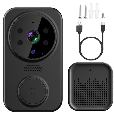 Wifi security doorbell camera with volume adjustable wireless chime 1080p camera night vision 2-way audio free cloud storage-black