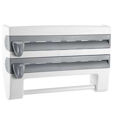 Kitchen roll dispenser paper roll holder plastic wrap film foil paper organizer w/ cutter wall mounted for kitchen bathroom-gray