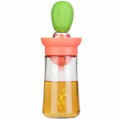 2-in-1 oil dispenser: glass cooking bottle with dropper & brush - silicone, measuring container - for kitchen, baking, bbq-green
