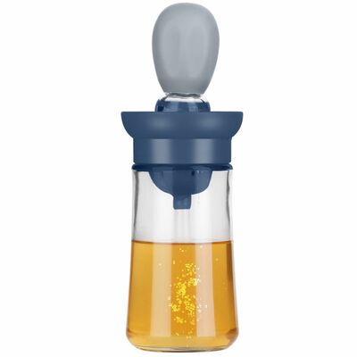 2-in-1 oil dispenser: glass cooking bottle with dropper & brush - silicone, measuring container - for kitchen, baking, bbq-blue