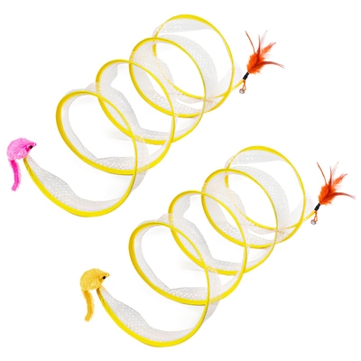 2pcs foldable cat tunnel with bell feather mouse toys collapsible indoor cat spring tube with interactive toy for kittens cats