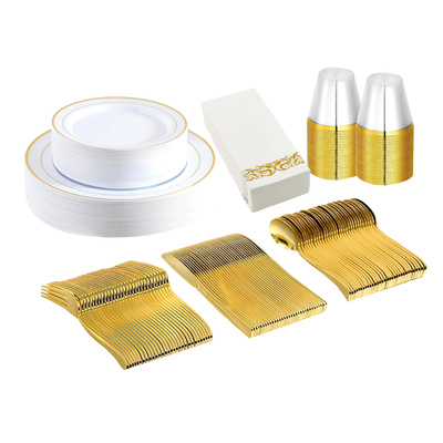 175pcs disposable gold dinnerware set gold rim plastic plates cups fork spoon knife paper napkins for party wedding graduation