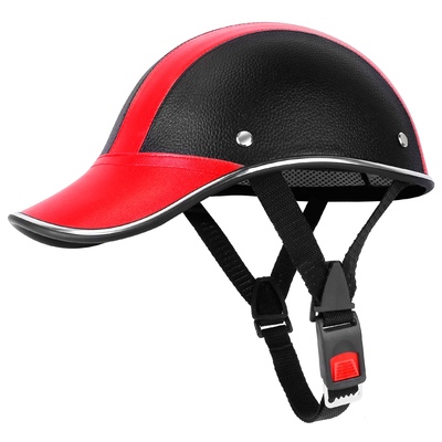 Safety bicycle helmet adjustable windproof bike helmet sunshade baseball cap anti-uv cycling motorcycle hat leather helmet-red