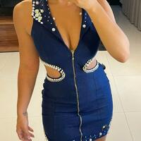 V-Neck Blue Denim Nail Bead Vest Sleeveless Dress - Thumbnail 1