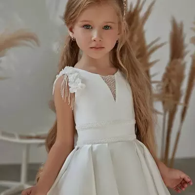 Girl dresses simple white flower dress for wedding 3d flowers beaded satin a-line pleated birthday pageant robe first communion kid gown