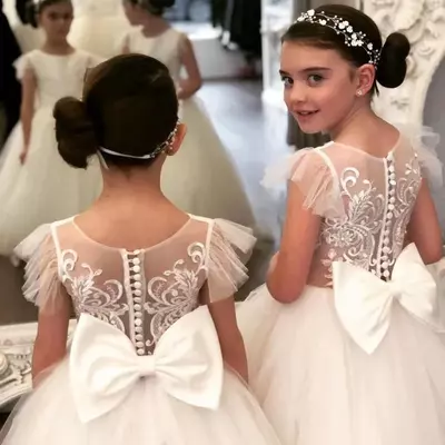Girl's dresses wedding party flower girl dress ball gown kids pageant big bow long sleeves child bride vestidos de noviagirl's