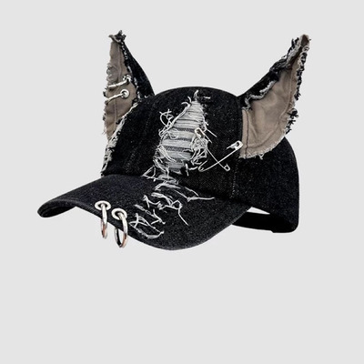 Grunge Punk Ripped Denim Cap With Ears