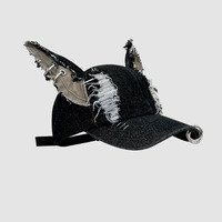 Grunge Punk Ripped Denim Cap With Ears - Thumbnail 2
