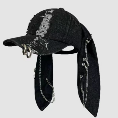 Grunge punk long ears ripped denim cap - Thumbnail 2