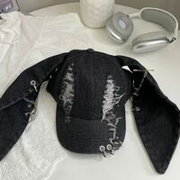 Grunge Punk Long Ears Ripped Denim Cap - Thumbnail 2