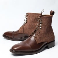 Crafted Leather Classic Dress Shoes Brown and Tweed Leather Balmoral Ankle High Boot - Thumbnail 1