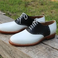 Crafted Leather Classic Black White Leather Lace up Dress Shoes - Thumbnail 1