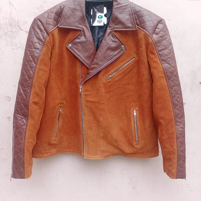 Crafted leather men’s brown leather and suede diamond biker vintage leather motorcycle jacket - Thumbnail 5