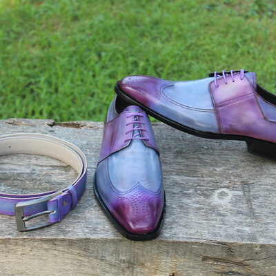 Crafted leather classic oxford style dress wingtip shoes in purple patina color with matching belt - Thumbnail 5
