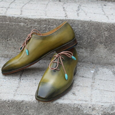 Crafted leather classic new handmade green patina oxford lace up dress shoes - Thumbnail 5