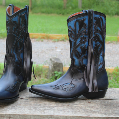 Crafted leather luxury and classic blue patina leather pointed toe fringes cowboy ankle long boot