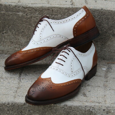 Crafted leather made by hand genuine brown white leather lace up wingtip oxford dress shoes  - Thumbnail 3