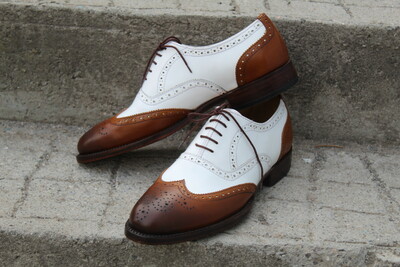 Crafted Leather Made By Hand Genuine Brown White Leather Lace up Wingtip Oxford Dress Shoes 