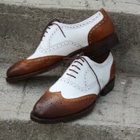 Crafted Leather Made By Hand Genuine Brown White Leather Lace up Wingtip Oxford Dress Shoes  - Thumbnail 1