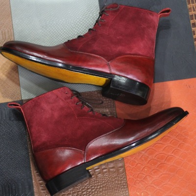 Handmade men's red two tone leather and suede boot,ankle high button lace boot