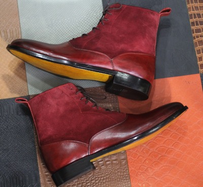 Handmade Men's Red Two Tone Leather and Suede Boot,Ankle High Button lace Boot
