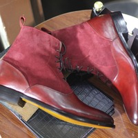 Handmade Men's Red Two Tone Leather and Suede Boot,Ankle High Button lace Boot - Thumbnail 1