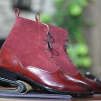 Handmade Men's Red Two Tone Leather and Suede Boot,Ankle High Button lace Boot - Thumbnail 2