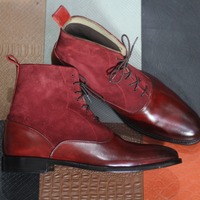 Handmade Men's Red Two Tone Leather and Suede Boot,Ankle High Button lace Boot - Thumbnail 3
