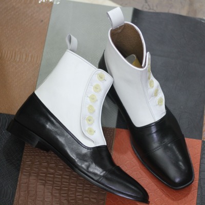 Handmade leather and suede boot,ankle high button men's white & black two tone wing tip boot