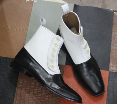 Handmade Leather and Suede Boot,Ankle High Button Men's white & black Two Tone Wing Tip Boot