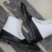Handmade Leather and Suede Boot,Ankle High Button Men's white & black Two Tone Wing Tip Boot - Thumbnail 1