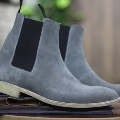 Handmade ankle high boot men's gray suede boot,chelsea boot