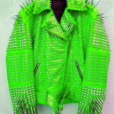 Crafted leather men classy green gothic emo style leather studded jacket with silver studs and spikes - Thumbnail 5
