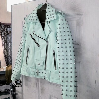 Crafted leather new women's white silver spiked studded unique cowhide biker leather jacket - Thumbnail 5