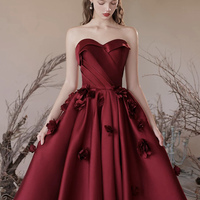 Burgundy Strapless Satin Floor Length Prom Dress - Thumbnail 1