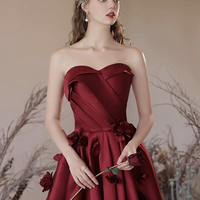 Burgundy Strapless Satin Floor Length Prom Dress - Thumbnail 2