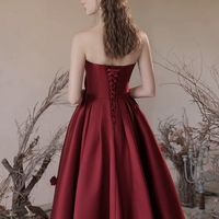 Burgundy Strapless Satin Floor Length Prom Dress - Thumbnail 4