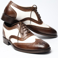 Crafted Leather Classic Brown White Leather Wingtip Oxford Lace up Dress Shoes - Thumbnail 1