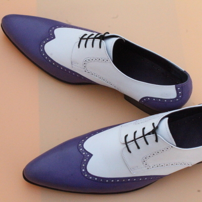 Crafted leather elegant and classic blue white leather pointed toe wingtip oxford lace up dress shoes - Thumbnail 3